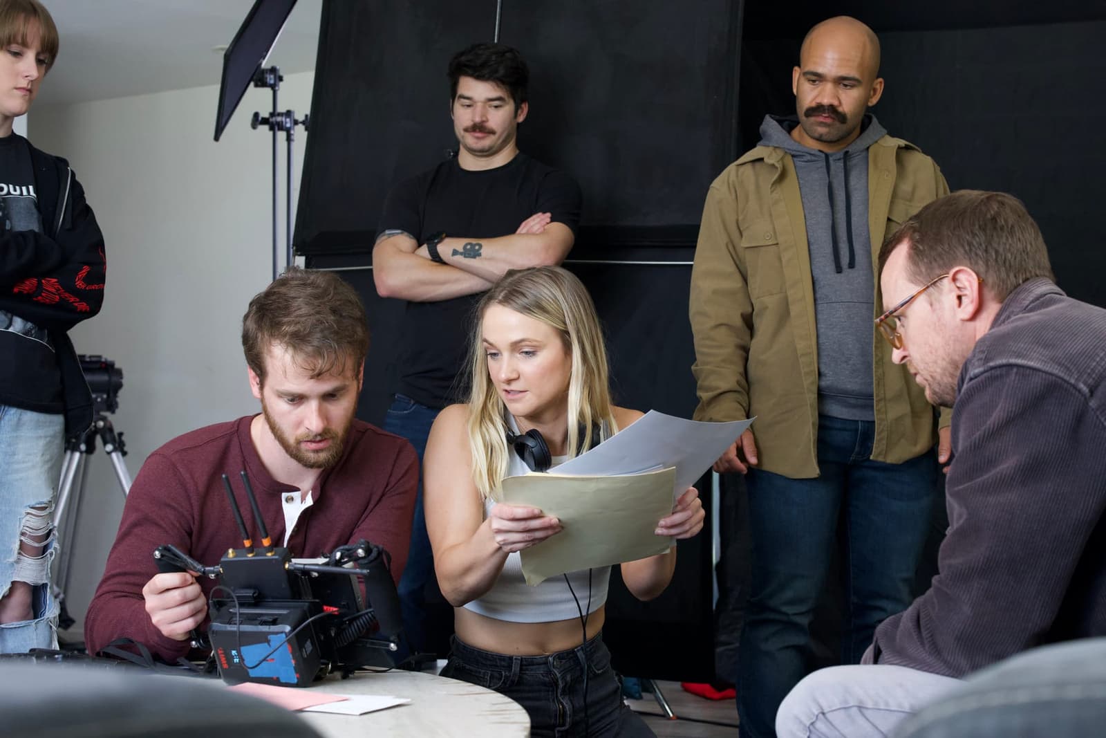 Alex Geffen and Cass Huckabay lining up a close-up shot on set
